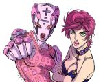  breasts choker cleavage clenched_hand dated green_eyes jojo_no_kimyou_na_bouken lipstick makeup muyoucun open_mouth pink_hair pink_lipstick signature spice_girl_(stand) stand_(jojo) strap trish_una 
