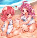  2girls animal_ears barefoot beach blush braid breasts character_name cow_ears cow_tail from_behind hair_ribbon hana_(shira) heart horns large_breasts long_hair multiple_girls one-piece_swimsuit original pig pig_ears pig_girl pig_tail pink_eyes pink_hair plump ribbon school_swimsuit shira_(kunseitamago) sweat swimsuit tail tonko_(shira) 