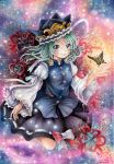  1girl butterfly colored_pencil_(medium) green_hair grey_eyes hat hat_ribbon juliet_sleeves long_sleeves mosho puffy_sleeves ribbon shiki_eiki shirt skirt skirt_set smile solo touhou traditional_media vest watercolor_(medium) 