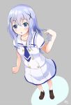  1girl adjusting_hair blue_eyes blue_hair blush dress from_above gochuumon_wa_usagi_desu_ka? hair_ornament hairclip highres kafuu_chino long_hair looking_up open_mouth school_uniform shoes simple_background solo 