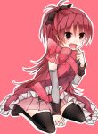  1girl aisawa_(ais0511) blush fang long_hair mahou_shoujo_madoka_magica open_mouth ponytail red_eyes redhead ribbon sakura_kyouko smile solo thigh-highs 