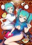  2girls :d aqua_eyes aqua_hair book bowl breasts bun_cover china_dress chinese_clothes chopsticks cleavage_cutout double_bun eyeshadow food hand_on_hip hatsune_miku high_heels highres index_finger_raised lace lace-trimmed_thighhighs large_breasts legs long_hair looking_at_viewer makeup multiple_girls nail_polish nikuman noodles open_mouth ramen red_nails short_sleeves side_slit sitting smile thigh-highs twintails v very_long_hair vocaloid white_legwear yie_ar_fan_club_(vocaloid) yuri_(anachronic) 