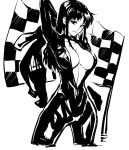  1girl arm_up bodysuit breasts catsuit checkered checkered_flag choker cleavage cropped_legs katsuragi_misato large_breasts long_hair looking_at_viewer mikazuki_shigure monochrome neon_genesis_evangelion no_bra sketch solo unzipped 