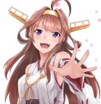  1girl ahoge bare_shoulders breasts brown_hair detached_sleeves double_bun hair_ornament hairband headgear highres kantai_collection kongou_(kantai_collection) long_hair nontraditional_miko open_mouth outstretched_hand simple_background smile solo tr-6 upper_body violet_eyes white_background 
