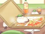  0_0 :3 animal_ears cat_ears cat_tail chen commentary_request food glass green_hat ibarashiro_natou jewelry mob_cap multiple_tails nekomata pizza pizza_box single_earring tail touhou two_tails 
