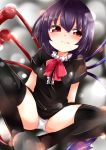  1girl :3 asymmetrical_wings black_dress black_legwear dress houjuu_nue izumi_yuuji_(trace_kouhosei) panties pantyshot pantyshot_(sitting) pink_eyes purple_hair short_sleeves sitting smirk solo thigh-highs touhou underwear white_panties wings 