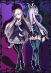  2girls ass black_legwear black_panties black_shoes black_skirt blue_background blue_legwear cave_(developer) company_connection dodonpachi dodonpachi_saidaioujou ere_(2516325) flower garter_straps gothic_wa_mahou_otome hair_flower hair_ornament long_hair looking_back maria_(saidaioujou) multiple_girls panties pantyhose purple_background purple_rose rose rozari_(gothic_wa_mahou_otome) shoes skirt thigh-highs underwear white_hair 