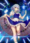  1girl apron binary blue_background braid card frown glint gradient gradient_background hair_ribbon highres izayoi_sakuya knife looking_at_viewer maid_headdress mam_(weizhima23) playing_card pocket_watch puffy_short_sleeves puffy_sleeves red_eyes ribbon short_hair short_sleeves silver_hair skirt skirt_lift skirt_set solo standing_on_one_leg too_many_knives touhou tress_ribbon twin_braids waist_apron watch 