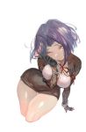  1girl black_gloves breasts bursting_breasts covered_navel dress foreshortening gloves hand_on_own_face hips kantai_collection large_breasts purple_hair short_dress simple_background smile solo tatsuta_(kantai_collection) thigh_gap thighs violet_eyes white_background zuizi 