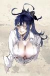  1girl black_hair breasts cleavage dress_shirt glasses hair_ribbon hamutz_meseta large_breasts long_hair maeshima_shigeki open_clothes open_shirt ribbon shirt smile solo tatakau_shisho unbuttoned violet_eyes 