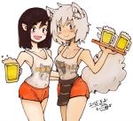  2girls alcohol alternate_costume alternate_hairstyle animal_ears armpits bare_shoulders beer blush breasts cleavage dated hooters inubashiri_momiji jpeg_artifacts kishiinu multiple_girls no_hat open_mouth pointy_ears shameimaru_aya shirt shorts signature simple_background sleeveless smile tail touhou white_background wolf_ears wolf_tail 