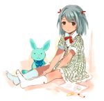  1girl aqua_hair between_legs blush brown_eyes drawing dress frills hair_ornament hair_ribbon hand_between_legs looking_at_viewer no_shoes original plaid plaid_dress rabbit ribbon short_hair sitting socks stuffed_animal stuffed_toy tan_(tangent) twintails 