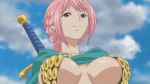  1girl breasts cape highres hilt large_breasts one_piece pink_hair rebecca_(one_piece) screencap sword weapon 