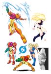  1girl alternate_costume arm_cannon blonde_hair blue_eyes crop_top highres long_hair metroid midriff ponytail samus_aran short_shorts shorts smolby varia_suit weapon 