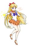  1girl aino_minako bishoujo_senshi_sailor_moon blonde_hair blue_bow blue_eyes bow brooch choker elbow_gloves finger_to_mouth gloves hair_bow half_updo heart high_heels index_finger_raised jewelry long_hair magical_girl orange_shoes orange_skirt pleated_skirt red_bow sailor_collar sailor_venus shainea shoes skirt solo tiara white_background white_gloves yellow_bow 