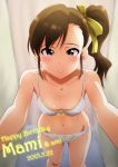  1girl blush bra brown_hair dressing_room futami_mami groin hair_ribbon idolmaster incoming_kiss lingerie looking_at_viewer midriff navel panties parted_lips red_eyes ribbon side_ponytail small_breasts solo sunsun69 underwear 