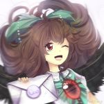  1girl ;d anny-tta black_wings bow brown_hair envelope hair_bow letter long_hair one_eye_closed open_mouth red_eyes reiuji_utsuho signature smile solo third_eye touhou wings 