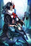  1girl artist_request black_hair black_legwear blade_&amp;_soul breasts center_opening chair character_request cleavage cloak closed_eyes detached_collar fur_collar gauntlets large_breasts lipstick long_hair makeup mismatched_legwear multiple_belts navel planted_weapon single_thighhigh sitting sleeping sleeping_upright solo thigh-highs throne under_boob weapon 