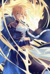  1girl aqua_eyes black_dress blonde_hair braid breasts cape dress fate/stay_night fate_(series) highres juliet_sleeves large_breasts long_sleeves looking_at_viewer puffy_sleeves saber shirt solo sword weapon zicai_tang 