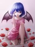  1girl alternate_eye_color bat_wings blue_hair dress flower full_body gradient gradient_background highres looking_at_viewer nightgown no_hat on_bed one_eye_closed open_mouth panties pantyshot petals pink_dress puffy_sleeves remilia_scarlet rose short_hair short_sleeves simple_background sitting slit_pupils solo tauta_(meshia8787) touhou underwear upskirt violet_eyes wings 