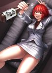  1girl ayakumo blazer blush bottle couch drooling drunk highres horikawa_raiko long_sleeves looking_at_viewer lying miniskirt on_back on_couch open_mouth red_eyes redhead sake_bottle shirt skirt smile solo touhou 