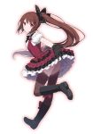  1girl artist_request black_bow black_gloves boots bow brown_hair brown_legwear frilled_skirt frills gloves gothic_wa_mahou_otome hair_bow knee_boots long_hair official_art outstretched_hand ponytail ranan_(gothic_wa_mahou_otome) red_eyes running skirt smile solo thigh-highs white_background 