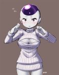  1girl blueberry_(5959) blush breasts cleavage cleavage_cutout dragon_ball dragon_ball_z frieza genderswap long_sleeves looking_at_viewer open-chest_sweater open_mouth ribbed_sweater simple_background solo sweater turtleneck violet_eyes 