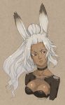  1girl animal_ears breasts choker cleavage dark_skin eyebrows final_fantasy final_fantasy_xii fran lips long_hair ponytail rabbit_ears red_eyes silver_hair solo upper_body viera whistle_frog 