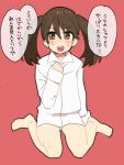  1girl barefoot brown_eyes brown_hair commentary_request ishihara_saika kantai_collection long_sleeves open_mouth ryuujou_(kantai_collection) solo sweat translation_request twintails 