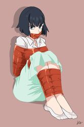  1girl alternate_hair_length alternate_hairstyle arms_behind_back bdsm black_hair blue_eyes bondage bound_legs casual eyebrows full_body gagged highres improvised_gag kill_la_kill kiryuuin_satsuki legs_together long_skirt looking_at_viewer lost_one_zero see-through short_hair sitting skirt socks solo tape tape_bondage tape_gag thick_eyebrows toes 