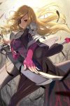  1girl armor armored_dress artist_request black_legwear blade_&amp;_soul blonde_hair breasts character_request cowboy_shot elbow_gloves eyepatch fighting_stance gloves green_eyes large_breasts light_smile long_hair looking_at_viewer official_art pantyhose pauldrons pink_gloves solo sword weapon 