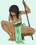  1girl ankle_cuffs arm_support bandeau barefoot black_hair bodypaint breasts cleavage commentary_request dark_skin earrings facepaint hoop_earrings hyouju_issei jewelry loincloth looking_away original simple_background solo squatting yellow_eyes 