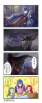  2boys 2girls 4koma apron cape cassiopeia_du_couteau chinese comic dishwashing general_du_couteau gloves green_hair highres hooded_cloak katarina_du_couteau knife league_of_legends multiple_boys multiple_girls open_mouth redhead rubber_gloves sword talon_(league_of_legends) tears translated weapon wongyu younger 