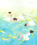  4girls barefoot brown_hair closed_eyes dress fish looking_at_viewer lying lying_on_water multiple_girls on_side on_stomach original otonai_chiaki short_hair signature sitting sitting_on_water sundress traditional_media water white_dress wind 
