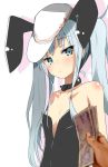  1girl alternate_costume alternate_hairstyle animal_ears atsutoku bare_shoulders blue_eyes blue_hair choker collarbone fake_animal_ears flat_chest hat hibiki_(kantai_collection) kantai_collection long_hair looking_at_viewer money pov rabbit_ears solo_focus tsurime twintails upper_body verniy_(kantai_collection) very_long_hair 