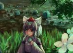  1girl absurdres animal_ears detached_sleeves hat highres hoshino_arika inubashiri_momiji looking_at_viewer nature pom_pom_(clothes) short_hair silver_hair smile solo tokin_hat touhou water white_hair wolf_ears yellow_eyes 