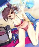  1girl bag bikini brown_eyes brown_hair dutch_angle original pov rankiryuu short_hair side_ponytail soda_can swimsuit thermos 