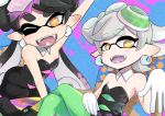 +_+ 2girls ;d aiai_(jsm) bare_shoulders black_hair callie_(splatoon) cousins detached_collar dress earrings fangs food food_on_head gloves green_legwear highres jewelry long_hair looking_at_viewer marie_(splatoon) mask mole mole_under_eye multiple_girls object_on_head one_eye_closed open_mouth orange_eyes pantyhose pointy_ears purple_legwear short_hair silver_hair smile splatoon splatoon_(series) strapless_dress sushi tentacle_hair unitard white_gloves