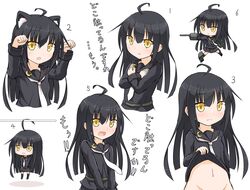  1girl ahoge animal_ears black_hair blush cat_ears crescent kantai_collection kemonomimi_mode looking_at_viewer machinery mikazuki_(kantai_collection) neckerchief open_mouth paw_pose prehensile_hair school_uniform serafuku shirt_lift skirt skirt_lift solo translation_request x_arms yamato_tachibana yellow_eyes 