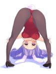  1girl animal_ears bent_over blush breasts bunny_girl bunny_tail bunnysuit chuchu_(show_by_rock!!) cleavage curly_hair highres long_hair looking_at_viewer pantyhose playboy_bunny_leotard purple_hair rabbit_ears red_eyes show_by_rock!! solo tail takano_natsuki upside-down wrist_cuffs 