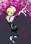  1girl \m/ absurdres ass blonde_hair blue_eyes blush_stickers bodysuit breasts from_behind gwen_stacy highres hone_ryu looking_back marvel mask mask_removed mouth_hold short_hair skin_tight solo spider-gwen spider_web_print superhero 