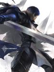  1boy armor back blue_hair cape flag gauntlets greaves male_focus pixiv_fantasia pixiv_fantasia_t solo swd3e2 sword tabard weapon 