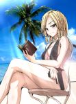 1girl beach bible blonde_hair book breasts female gun ocean original palm_tree r.stars reading sitting smile solo swimsuit tree weapon 