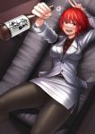  1girl ayakumo black_legwear blazer blush bottle couch drooling drunk highres horikawa_raiko long_sleeves looking_at_viewer lying miniskirt on_back on_couch open_mouth pantyhose red_eyes redhead sake_bottle shirt skirt smile solo touhou 