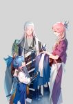  3boys age_difference blue_hair green_eyes grey_background height_difference istkeinmal japanese_clothes kote kousetsu_samonji long_hair male_focus multiple_boys pink_hair sayo_samonji simple_background sode souza_samonji touken_ranbu very_long_hair 