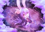  1girl animal_ears arm_up from_above highres jacket lavender_hair long_hair long_sleeves looking_at_viewer necktie open_mouth rabbit_ears red_eyes reisen_udongein_inaba shirt skirt solo topii touhou vest 