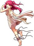  1girl ankle_cuffs anklet barefoot chain dress jewelry long_hair looking_back magi_the_labyrinth_of_magic morgiana omi_(pixiv1284626) red_eyes redhead side_ponytail smile soles white_dress 