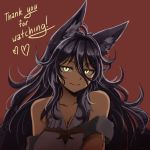  1girl animal_ears bare_shoulders black_hair breasts character_request cleavage fox_ears large_breasts pas_(paxiti) shade slit_pupils solo thank_you yellow_eyes 