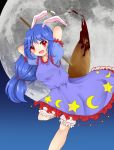  animal_ears arms_behind_head blood bloomers blue_hair dress full_moon long_hair mallet moon ponytail rabbit_ears red_eyes seiran_(touhou) smile touhou underwear 