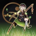  1boy cape fireflies garters green_eyes grey_legwear hat highres hotarumaru kneehighs male_focus maruneko object_namesake ootachi shorts silver_hair sitting smile sock_garters sode sword touken_ranbu weapon 